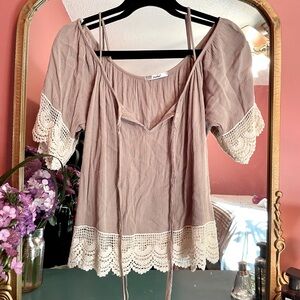 Papaya Lace Off the Shoulder Short Sleeve Top